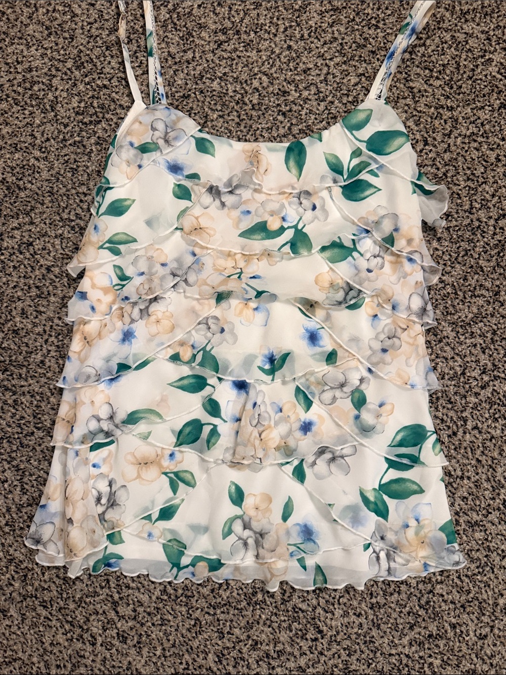 White House Black Market Floral Ruffle Camisole - White/Green/Blue/Tan